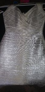 Herve ledger metallic silver bondage style dress